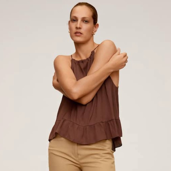 Mango Halterneck Ruffle Hem Tank Top in Brown - XS - Picture 2 of 7